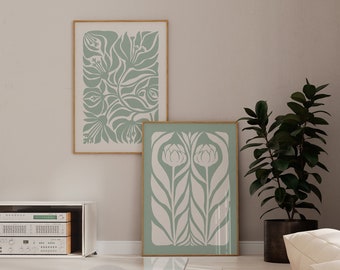 Sage Green Abstract Floral Print Set, Boho Folk Art (Digital Download)