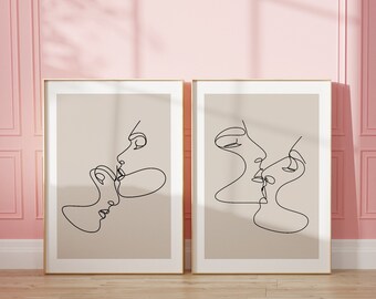 Couple Kiss Printable, One Line Drawing Print, Kiss Wall Art Set, Minimalist Wall Decor, Set of 2, Minimal Fine Decor, Printable Wall Art