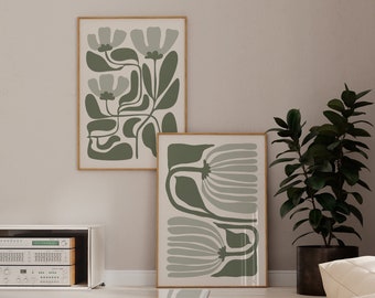 Abstract Sage Green Flower Art Print Set of 2, Digital Download, Matisse Style Flower, Mid Century Wall Art, Japandi Wall Decor, Boho Print