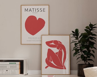 Matisse Herz Wand Kunst 2er Set, Rot Henri Matisse Druck, digitaler Download, Herz Druck, Matisse Frauen Druck, modernes Wohnung Dekor