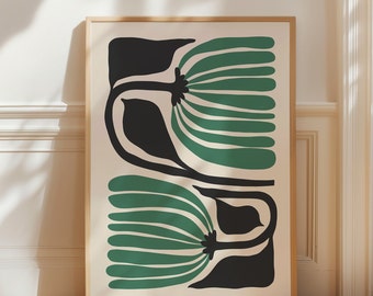 Grönt svart blomtryck, abstrakt botanisk konst (digital nedladdning)