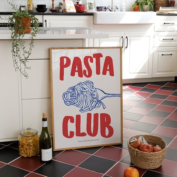Hand Drawn Pasta Print, Pasta Club Poster, Modern Dinning Room Art, Digital Download, Pasta Lover Gift, Kitchen Wall Art, Retro Food Print