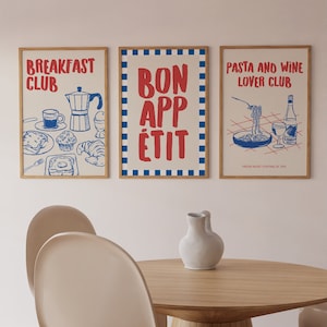 Druckbares Küchenwand-Set von 3, Frühstücksdruck, Bonappetitdruck, Pasta & Weindruck, Foodie-Zeichnung, Maximalisten-Küchendruck