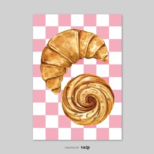 K&ouml;nnte beinhalten: Eine Aquarell-Illustration eines Croissants und eines Geb&auml;ckst&uuml;cks in Spiralform auf einem rosa-wei&szlig; karierten Hintergrund.