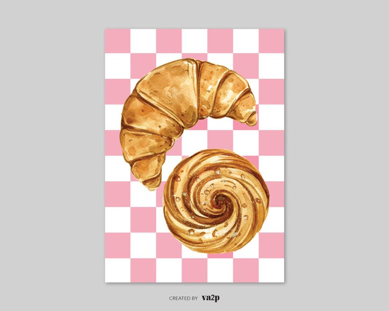 K&ouml;nnte beinhalten: Eine Aquarell-Illustration eines Croissants und eines Geb&auml;ckst&uuml;cks in Spiralform auf einem rosa-wei&szlig; karierten Hintergrund.