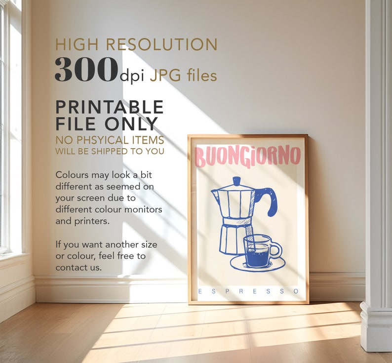 Pode incluir: Um poster imprim&iacute;vel com fundo rosa e texto azul que diz "Buongiorno" e "Espresso". O poster apresenta uma ilustra&ccedil;&atilde;o azul e branca de uma cafeteira e uma x&iacute;cara de caf&eacute;.