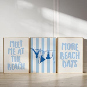 Summer Posters Set of 3 in Blue, Beach House Decor, Trendy Coastal Wall Art, Bikini Print, Meet Me At The Beach, Printable Typography Art