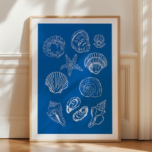 Seashells Print in Blue, Coastal Wall Art, Digital Download, Beach House Decor, Blue Wall Decor, Trendy Seashells Poster, Cute Summer Poster