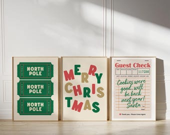 Set of 3 Christmas Prints, Christmas Wall Art, North Pole Ticket Print, Guest Check Print, Holiday Decor, Typography Art, Digital Download