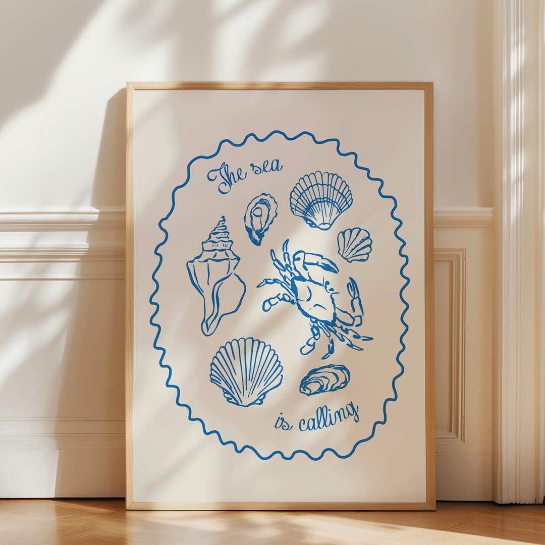 Calling Vocation Sea Shell The Sea is Calling Poster, Beach House Decor, Trendy Coastal Art, Blue ...