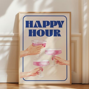 Impresión de happy hour, arte de carrito de bar, póster de cócteles de moda, arte de pared retro, decoración de pared estética, póster de cócteles, descarga digital
