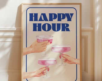 Happy Hour Print, Bar Cart Art, Trendy Cocktails Poster, Retro Wall Art, Aesthetic Wall Decor, Cocktails Poster, Digital Download