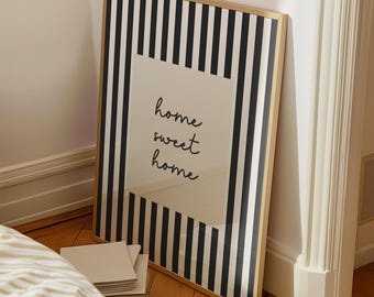 Lámina decorativa para el pasillo "Hogar dulce hogar": Decoración de pared a rayas neutras en beige y negro (Descarga digital)