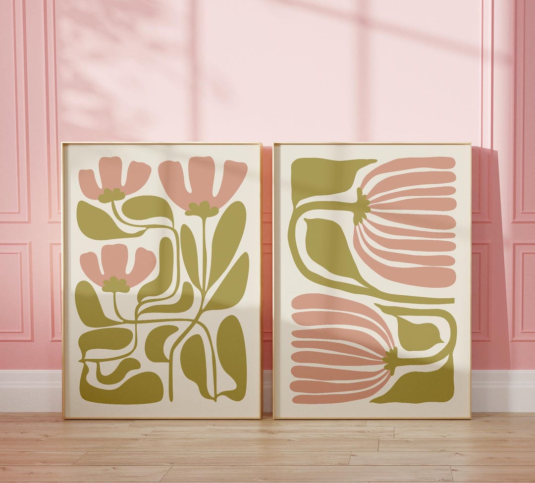Matisse Style Flower Art Print Set: Pink & Green Abstract Wall Decor ...