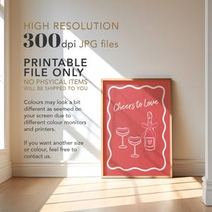 K&ouml;nnte beinhalten: Druckbarer digitaler Download einer rosa-wei&szlig;en Illustration einer Champagnerflasche und Gl&auml;ser mit dem Text "Cheers to Love".