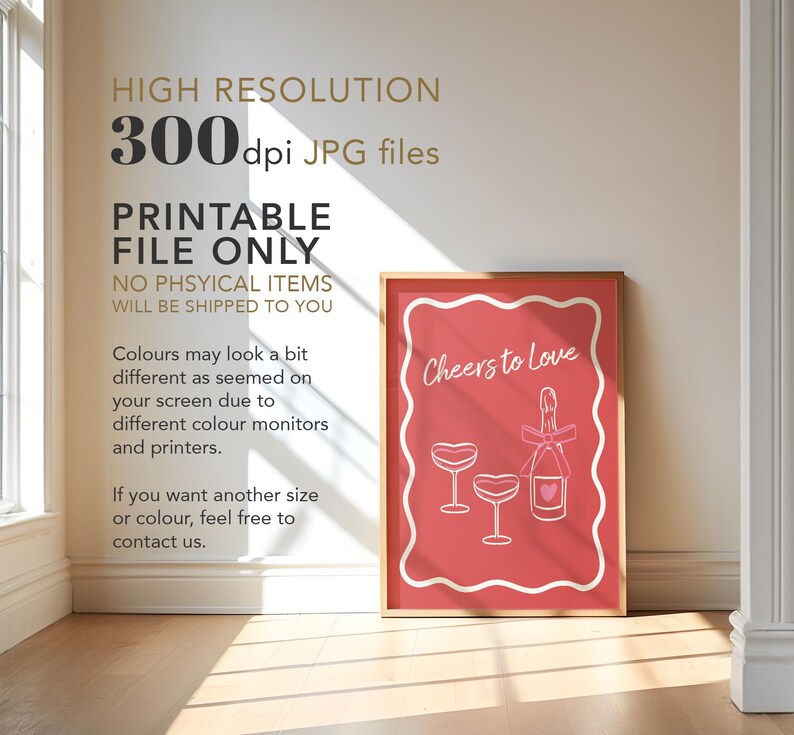 K&ouml;nnte beinhalten: Druckbarer digitaler Download einer rosa-wei&szlig;en Illustration einer Champagnerflasche und Gl&auml;ser mit dem Text "Cheers to Love".