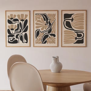 Abstrakt beige svart blomma konsttryck set om 3, digital nedladdning, Matisse-stil blomma, mitten av århundradet väggkonst, japansk väggdekor, boho tryck