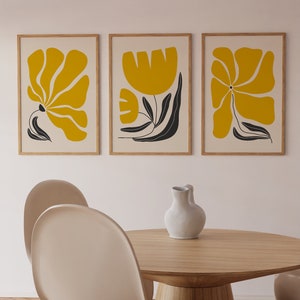 Juego de 3 impresiones de flores abstractas, arte digital, decoración de pared bohemia en amarillo y verde, arte de pared para sala de estar, conjunto floral estético, arte imprimible