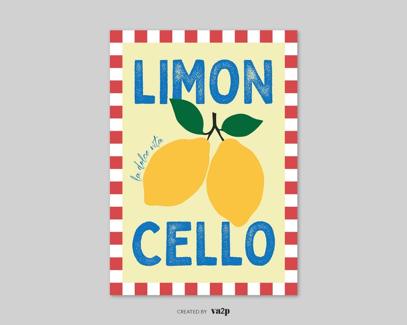May include: A yellow and white sign with red and white stripes around the border. The sign says "Limon Cello" in blue letters with the words "la dolce vita" in smaller blue letters underneath. There are two yellow lemons with green leaves on the sign.