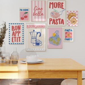 May include: A set of eight colorful prints with Italian-themed designs. The prints feature phrases like "Ciao Bella", "Buon Giorno", "More Pasta", and "Pasta Party".