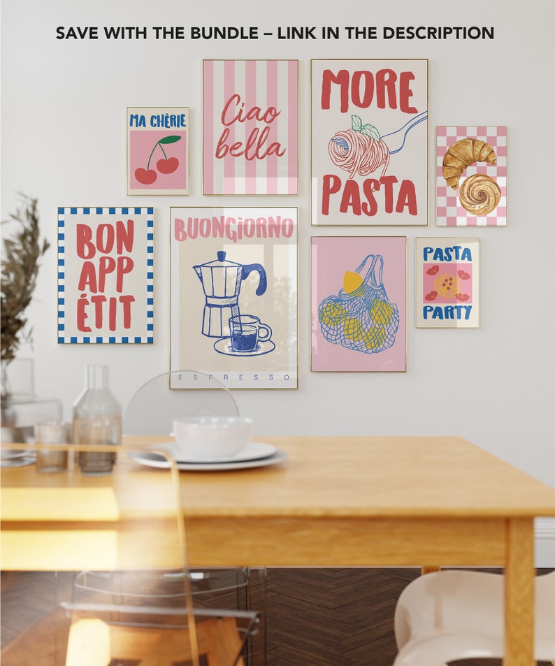 May include: A set of eight colorful prints with Italian-themed designs. The prints feature phrases like "Ciao Bella", "Buon Giorno", "More Pasta", and "Pasta Party".