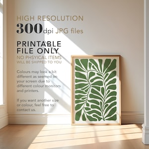 May include: A printable digital download of a green abstract leaf design. The design is in a simple, modern style and would look great as a print for a home office or living room.