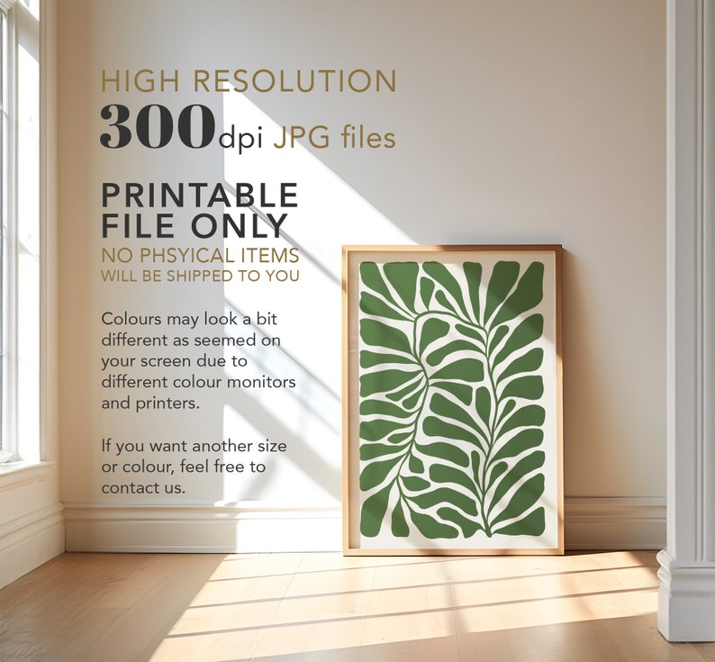 May include: A printable digital download of a green abstract leaf design. The design is in a simple, modern style and would look great as a print for a home office or living room.
