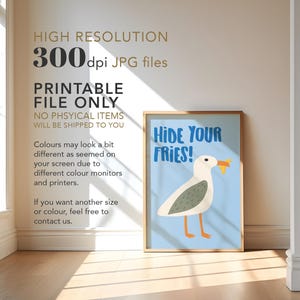 May include: Printable wall art featuring a cartoon seagull with a blue background. The text "Hide Your Fries!" is written in white letters on the blue background.