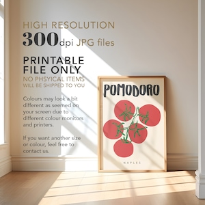 May include: A printable poster with a minimalist design featuring a red tomato plant with the word "POMODORO" in black text and "NAPLES" in smaller black text below the plant.