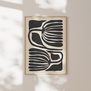 Abstrakt skandinavisk blomma, svart och beige nordisk inredning, konsttryck med organiska former, modernt motiv från mitten av århundradet, botanisk väggkonst, utskrivbar konst bild 6