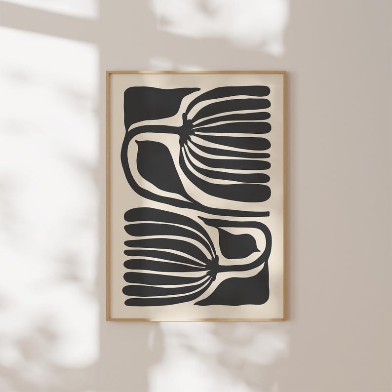 Abstrakt skandinavisk blomma, svart och beige nordisk inredning, konsttryck med organiska former, modernt motiv från mitten av århundradet, botanisk väggkonst, utskrivbar konst bild 6