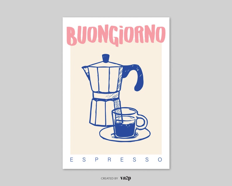 Pode incluir: Uma ilustra&ccedil;&atilde;o azul e branca de uma cafeteira e uma x&iacute;cara de espresso em um fundo bege. O texto "BUONGIORNO ESPRESSO" est&aacute; escrito em rosa e azul.