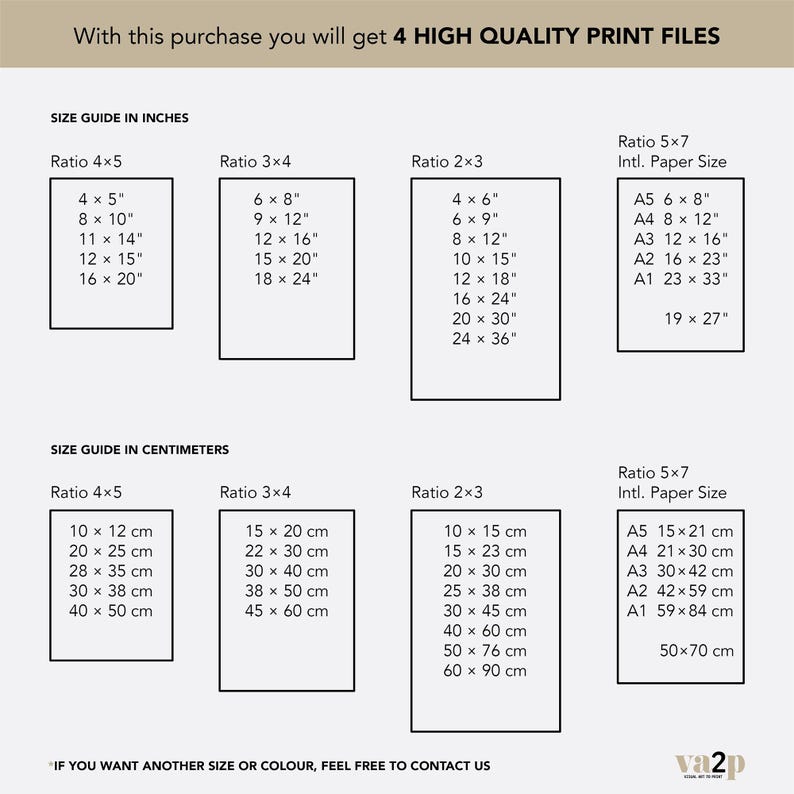 May include: A chart showing different print sizes in inches and centimeters for digital prints. The chart includes ratios of 4x5, 3x4, 2x3, and 5x7. The chart also includes international paper sizes like A5, A4, A3, A2, and A1.