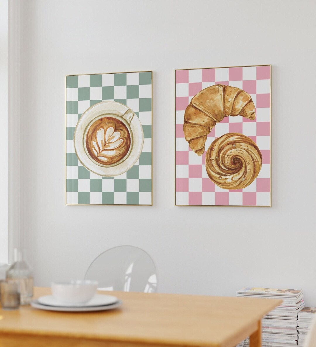 set of 8 kitchen prints, coffee print set, fork spoon... Croissant and Coffee Print Set of 2, Retro Kitchen Wall Art, French ...