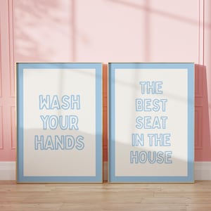 Blue Bathroom Set of 2 Prints, Wash Your Hands Print, The Best Seat Print, Cute Bathroom Decor, Funny Toilet Poster, Digital Download