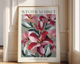 May include: A framed wall art print featuring a floral painting with red, pink, and white lilies against a muted sage green background. The text WINTER MARKET is printed in black at the top, and La collection de Fleurs is at the bottom.