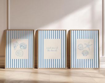 Juego de 3 cuadros costeros: Estampado de rayas azules, decoración de casa de playa (descarga digital)