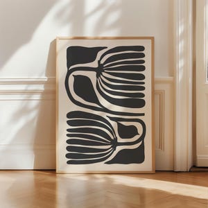 Abstrakt skandinavisk blomma, svart och beige nordisk inredning, konsttryck med organiska former, modernt motiv från mitten av århundradet, botanisk väggkonst, utskrivbar konst bild 3