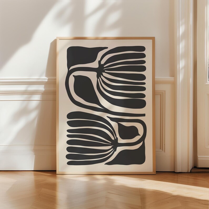 Abstrakt skandinavisk blomma, svart och beige nordisk inredning, konsttryck med organiska former, modernt motiv från mitten av århundradet, botanisk väggkonst, utskrivbar konst bild 3