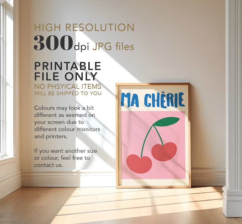 May include: Printable digital download of a pink poster with the text "MA CHERIE" in blue and a green stem with two red cherries on it.