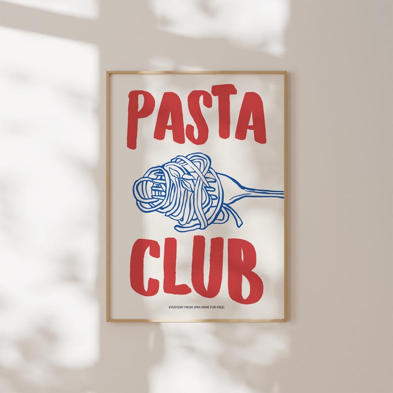 Hand Drawn Pasta Print, Pasta Club Poster, Modern Dinning Room Art, Digital Download, Pasta Lover Gift, Kitchen Wall Art, Retro Food Print image 9