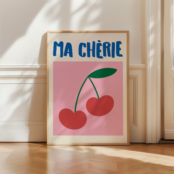 Cherry Poster, Ma Cherie Print, Retro Wall Art, 70s Funky Wall Decor, Digital Download, Cherry Wall Art, Trendy Wall Art, Aesthetic Print