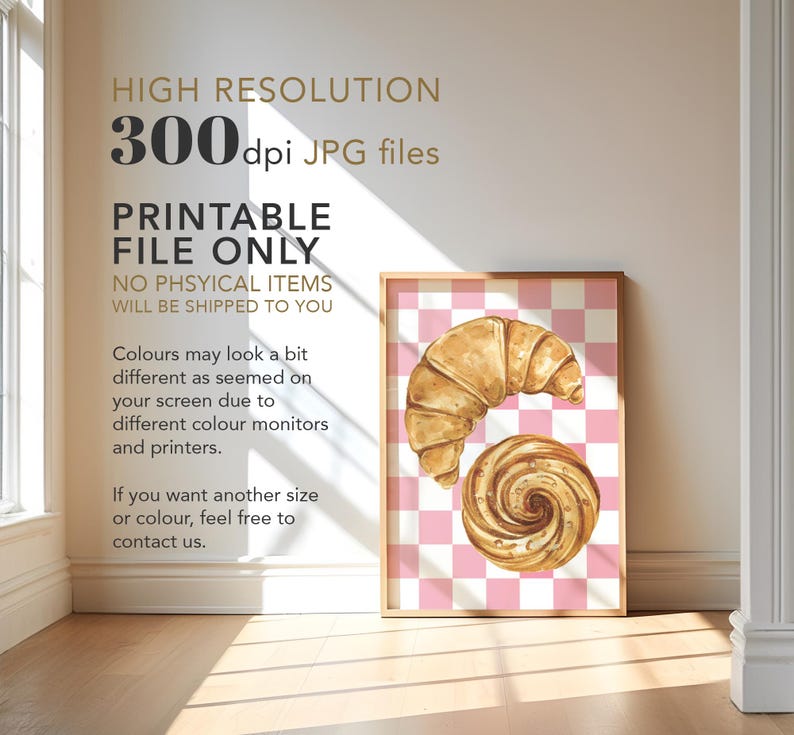 K&ouml;nnte beinhalten: Druckbarer digitaler Kunstdruck mit einer Aquarell-Illustration eines Croissants und einer Teigspirale auf einem rosa-wei&szlig; karierten Hintergrund. Der Text "HIGH RESOLUTION 300 dpi JPG files PRINTABLE FILE ONLY NO PHYSICAL ITEMS WILL BE SHIPPED TO YOU" ist im Bild enthalten.