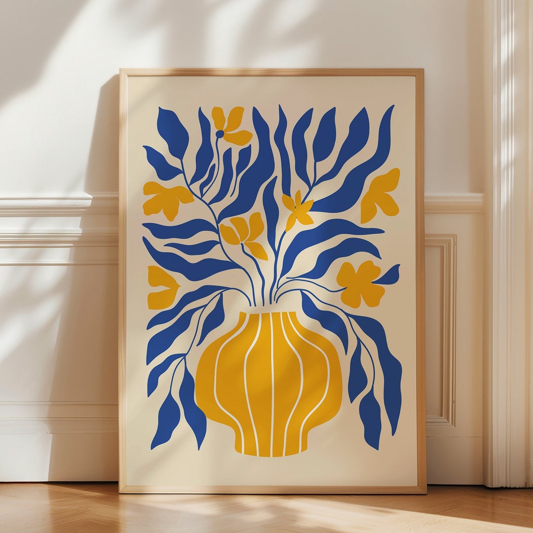 Abstract Botanical Art Print, Yellow Blue Boho Flower Poster, Digital ...