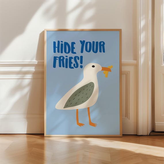 Funny Seagull French Fries Print, Coastal Beach House Art (Digital Download)