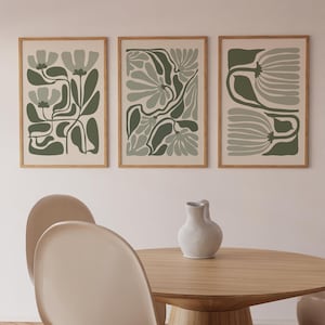 Set di 3 stampe artistiche di fiori verde salvia astratti, download digitale, fiori in stile Matisse, arte murale di metà secolo, decorazione murale Japandi, stampa boho