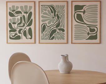 Abstrakte Salbei grüne Blume Art Print 3er Set, digitaler Download, Matisse Stil Blume, Mid Century Wandkunst, Japandi Wand-Dekor, Boho Print