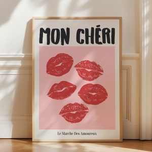 Impresión de labios de beso de Mon Cheri, arte de pared retro de moda, decoración de habitación coqueta, póster estético, decoración de dormitorio, póster de labios, descarga digital