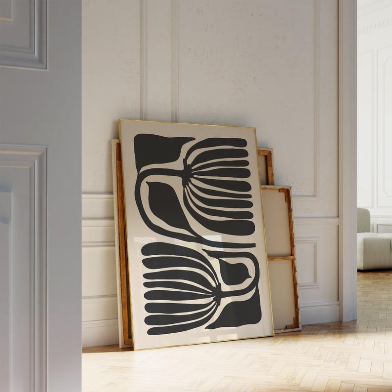 Abstrakt skandinavisk blomma, svart och beige nordisk inredning, konsttryck med organiska former, modernt motiv från mitten av århundradet, botanisk väggkonst, utskrivbar konst bild 9