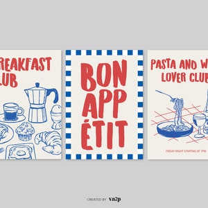 Op de afbeelding: Drie ge&iuml;llustreerde posters met een vintage esthetiek. De posters luiden "Breakfast Club", "Bon App&eacute;tit" en "Pasta and Wine Lover Club". Elke poster bevat handgetekende afbeeldingen van eten en drinken in blauw en rood.